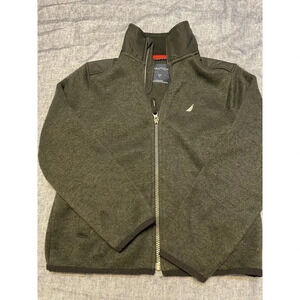 Nautica Boy's Size Small Gray Fleece Zip Front Jacket Black Vinyl Shoulder